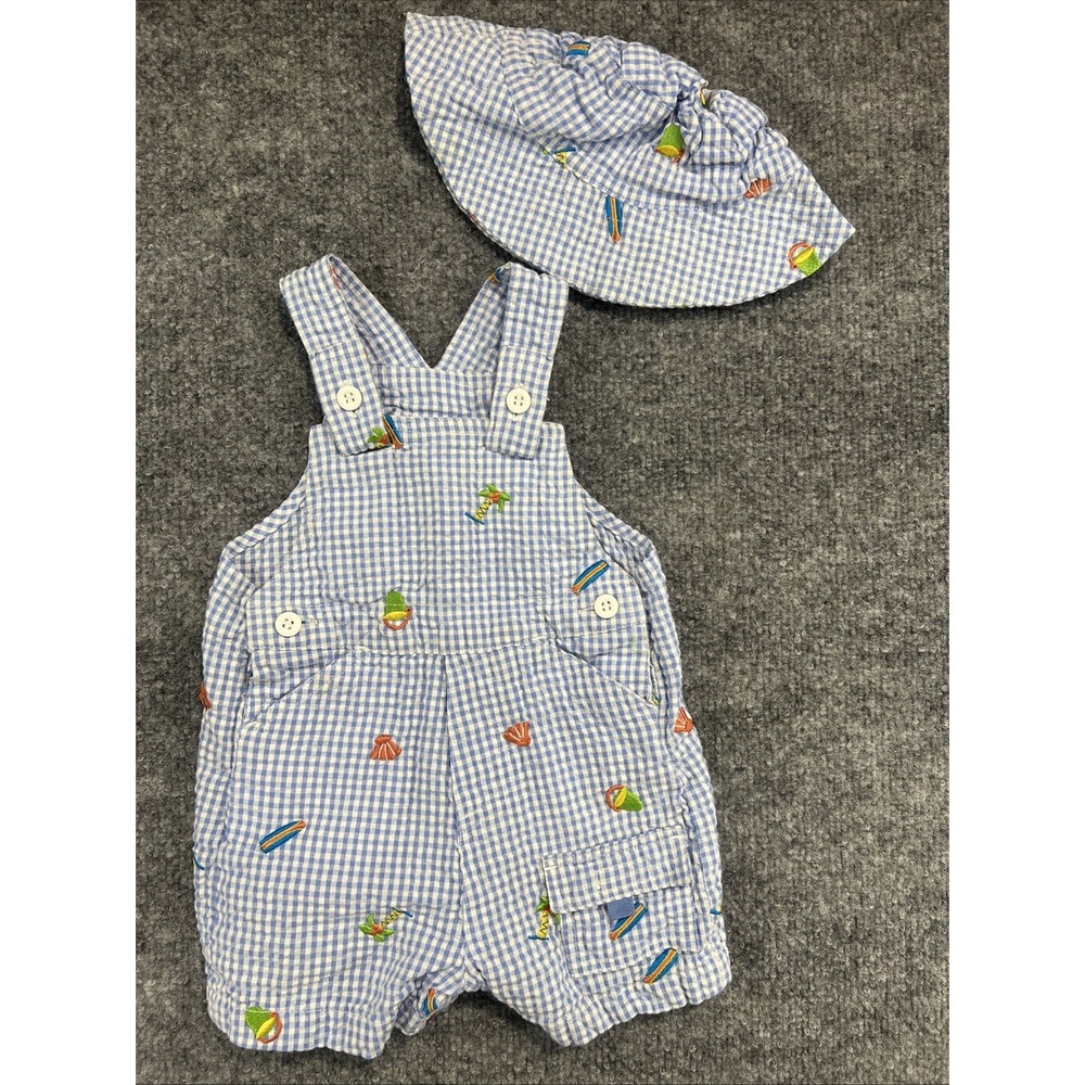 VTG b.t. kids Gingham Beach Embroidered Shortall & Hat Set 6/9 Months NWOT